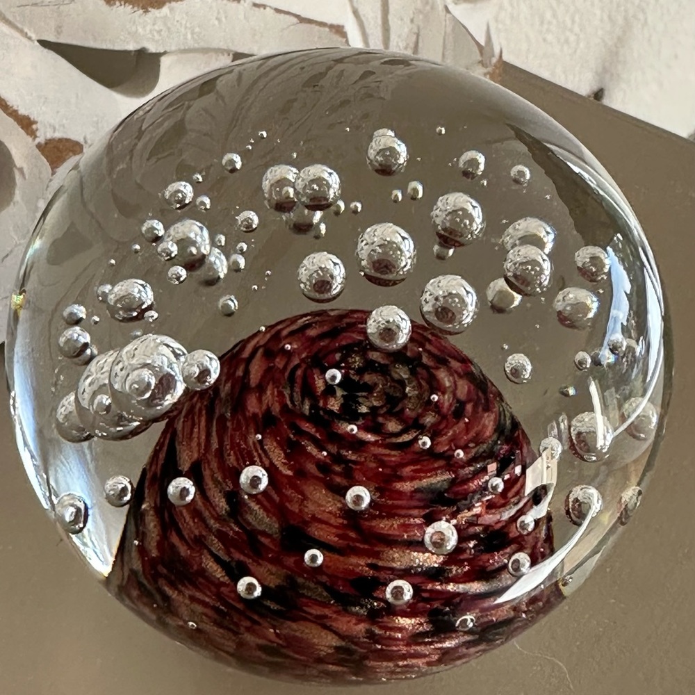 Art Glass Paperweight, Golden Aventurine Glass Orb, Bubbles, 3"x 3.5", Lovely!
